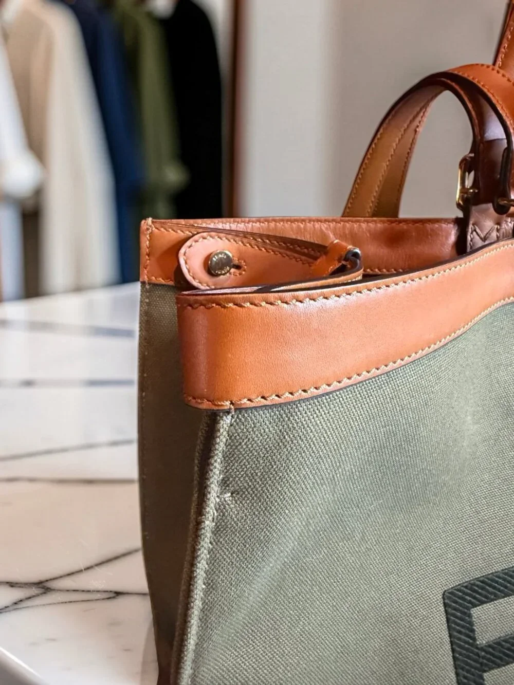 Fendi Peekaboo X-Tote Large Olive Canvas Tan Leather Trim Gold HW